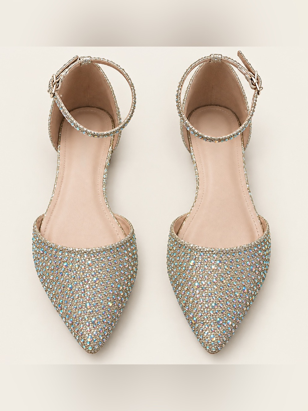 Women’s Crystal-Embellished Pointed Ankle-Strap Flats in Nude